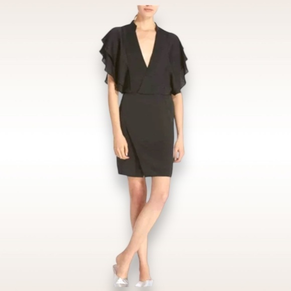 Avec Les Filles Black Deep V-Neck Ruffle A-Line Faux Wrap Mini Cocktail Dress - Picture 1 of 11